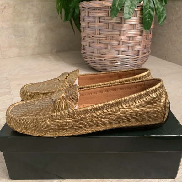 NIB Lauren Ralph Lauren Carley Antique Brass Metallic Embossed Lizard Design - Picture 3 of 10